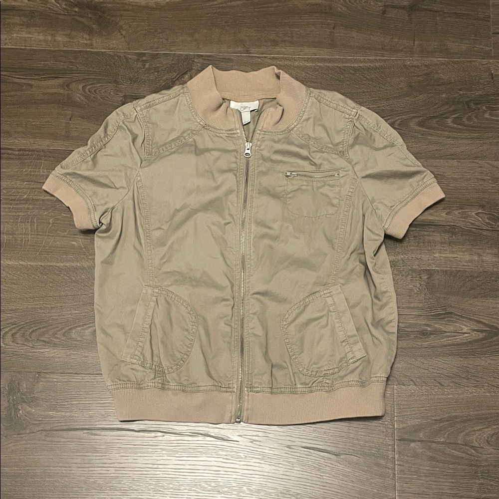 LOFT Khaki Beige Short Sleeve Bomber Jacket, Size Large, Fits Sz Medium